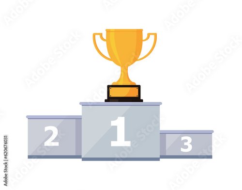 Podium for winners with a gold Cup, close-up, isolated on a white background, vector color illustration, design