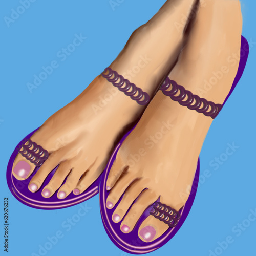 female feet with black slippers and peach nail polish - light orange background - ideal for website, presentation, email, greeting card, postcard, book, poster, placard, slide, playbill, printable -