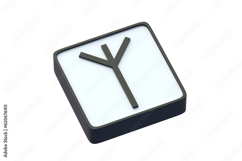 Algiz rune on button isolated on white background. Ancient german alphabet. Mystical symbol. Scandinavian futhark. Occult sign. Old norse letter. 3d render Algiz rune on button isolated on white background. Ancient german alphabet. Mystical symbol. Scandinavian futhark. Occult sign. Old norse letter. 3d render