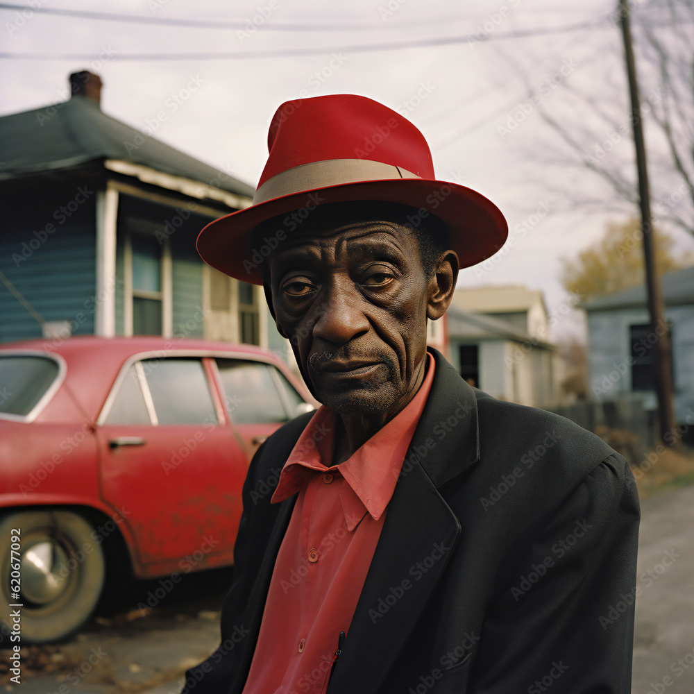 Portrait of an old black Man wearing a red hat