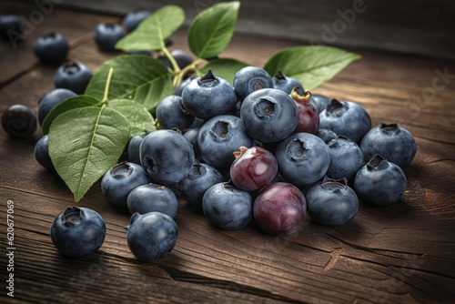 fresh blueberries on a wooden table close-up. Generative AI