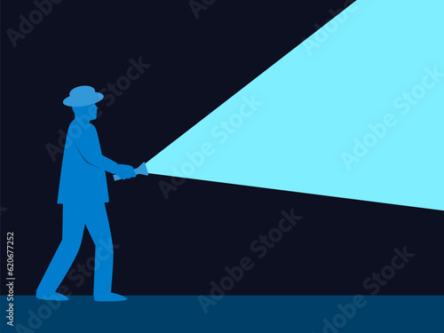 Man shines a flashlight. A male silhouette in a hat holds a flashlight in his hand. Flashlight shines with a blue light in a dark place. Design for posters, prints and banners. Vector illustration