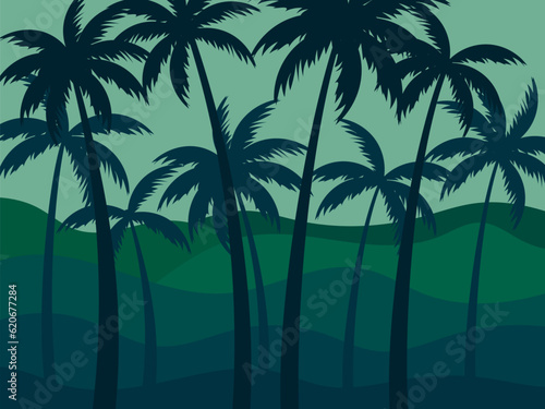 Tropical palm forest. Palm trees in the foreground and background. Wavy landscape with hills on the horizon in a minimalist style. Design for posters  prints and banners. Vector illustration