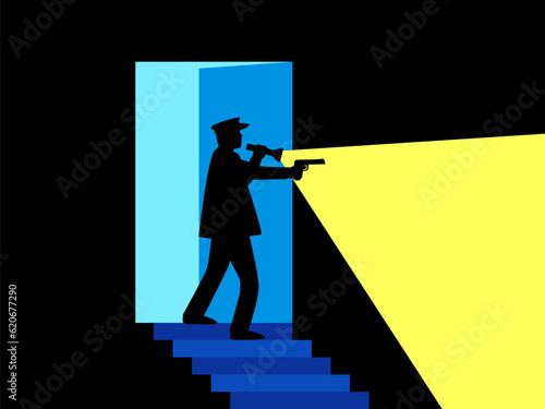 A policeman with a pistol and a flashlight on the steps. Open door with a man shining a flashlight and a gun in his hand in a dark room. Design for banners, posters, book cover. Vector illustration