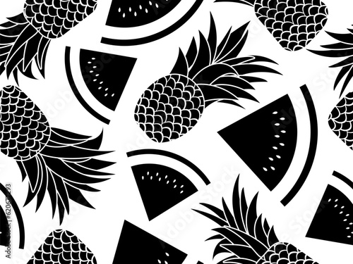 Black silhouettes of watermelons and pineapples on a white background. Summer exotic fruit mix with pineapples and watermelons. Design for banner, poster and promotional material. Vector illustration