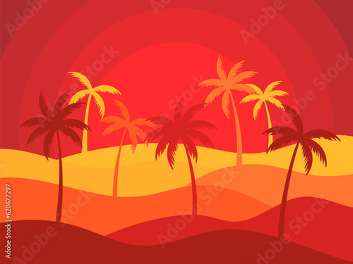Wavy desert landscape with sun and palm trees in cut paper style. Sunrise in the desert  sand dunes with silhouettes of palm trees. Design for print  banners and posters. Vetornaya illustration