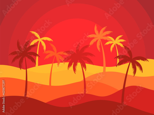 Wavy desert landscape with sun and palm trees in cut paper style. Sunrise in the desert, sand dunes with silhouettes of palm trees. Design for print, banners and posters. Vetornaya illustration