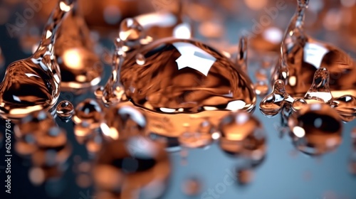 golden background with liquid glass and drops. bubbles and splash drops. Generative AI