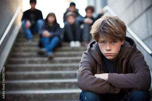 Depressed school boy sitting alone at stairs Fototapet