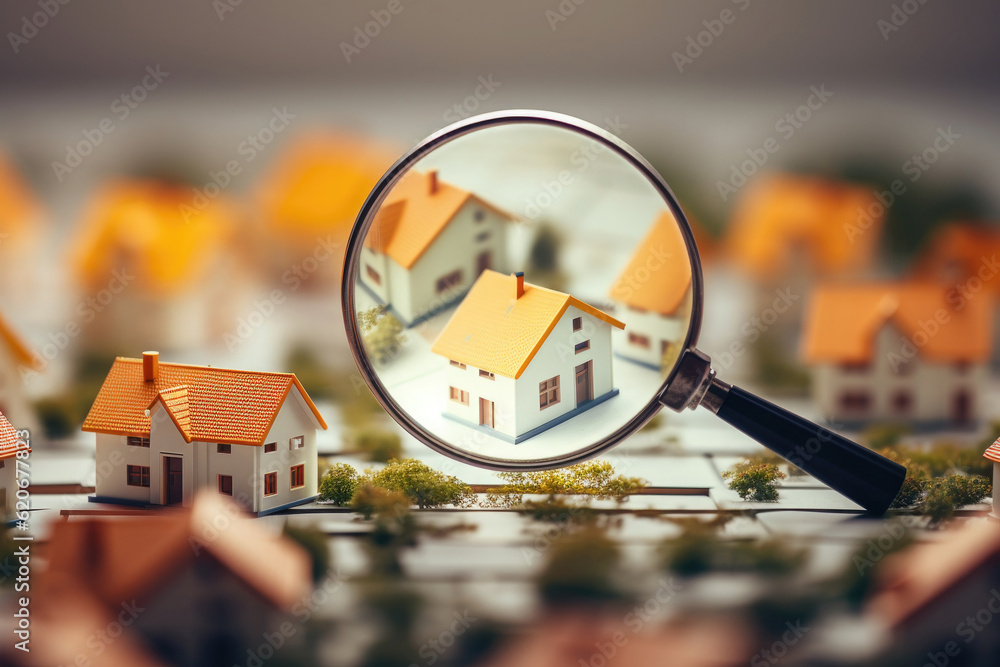 Searching new house for purchase. Rental housing market. Magnifying