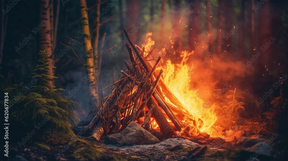 Closeup bonfire in the forest and smoke. Generative Ai. Closeup bonfire in the forest and smoke. Generative Ai.