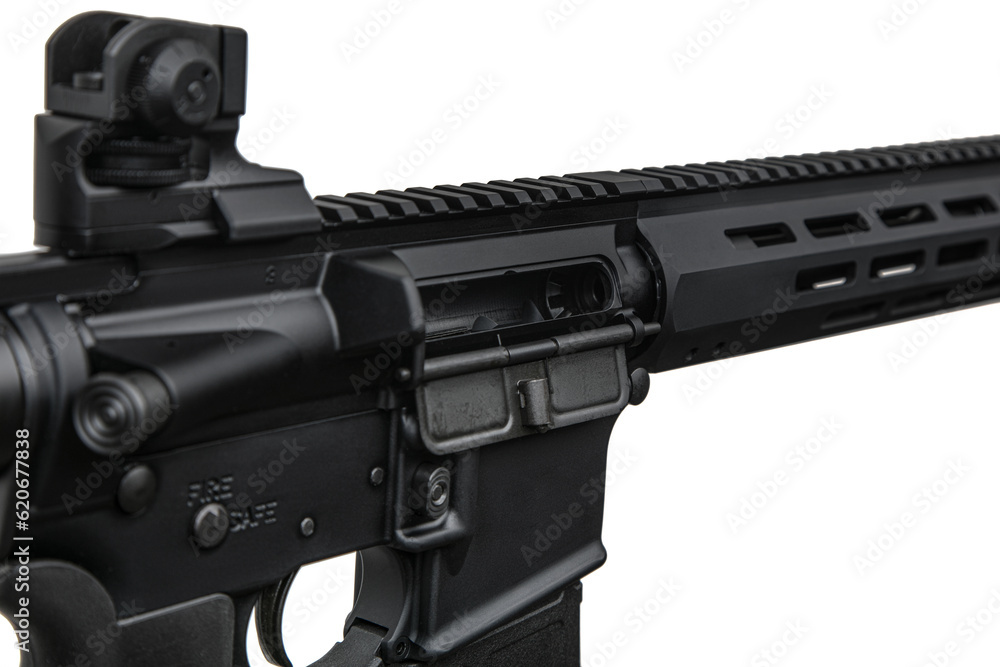 Modern automatic rifle isolated on white. Weapons for police, special forces and the army. Automatic carbine with mechanical sights. Modern automatic rifle isolated on white. Weapons for police, special forces and the army. Automatic carbine with mechanical sights.