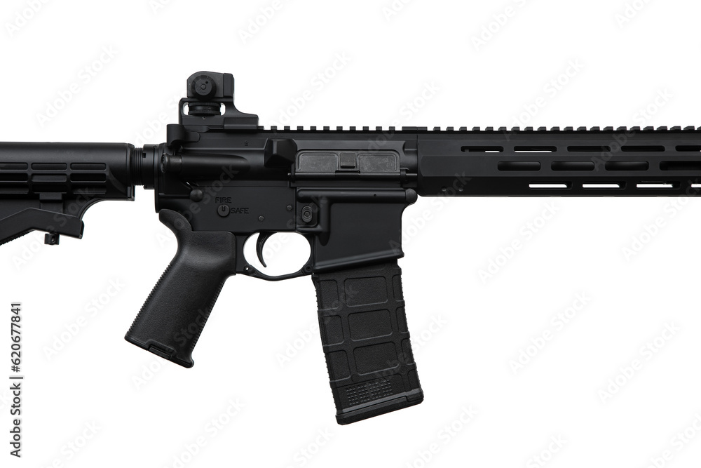 Modern automatic rifle isolated on white. Weapons for police, special forces and the army. Automatic carbine with mechanical sights. Modern automatic rifle isolated on white. Weapons for police, special forces and the army. Automatic carbine with mechanical sights.