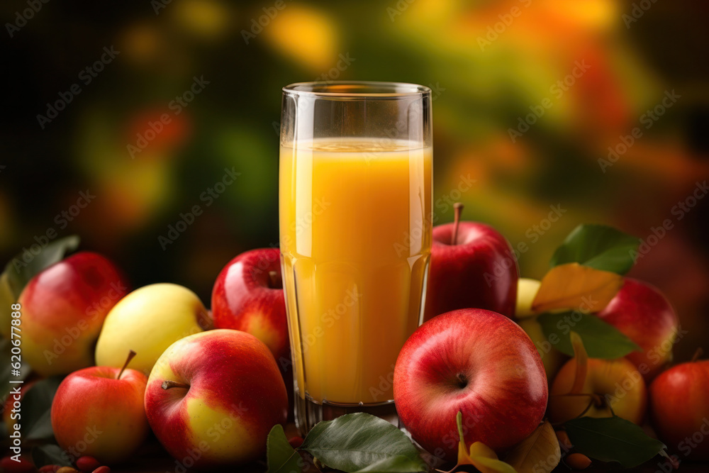 apple juice with pulp on the table in the apple orchard on the farm. Generative AI apple juice with pulp on the table in the apple orchard on the farm. Generative AI