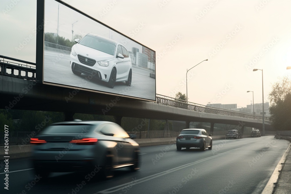Billboard with white screen and blurred cars on expressway. Generative AI