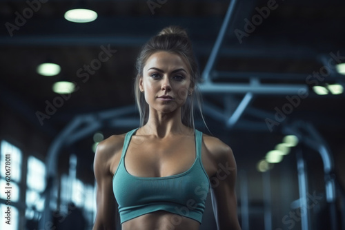 Attractive woman standing in gym. Sport exercises and fitness. Healthy lifestyle. Created with Generative AI © Lazy_Bear