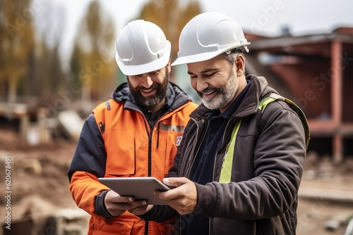 Smiling construction workers checking their smartphones and tablets at a construction site