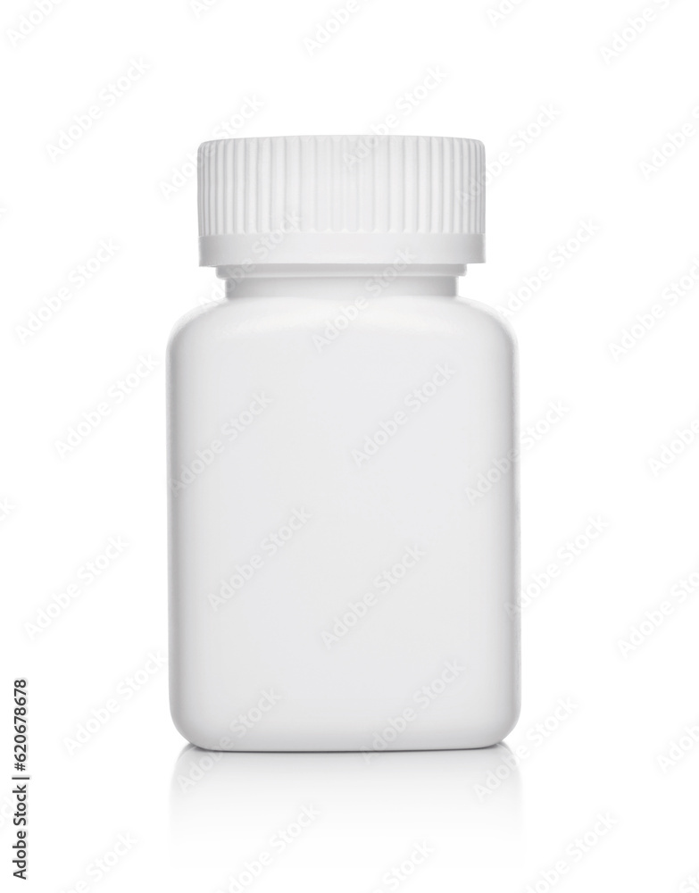 White plastic medical container for pills isolated on white background White plastic medical container for pills isolated on white background