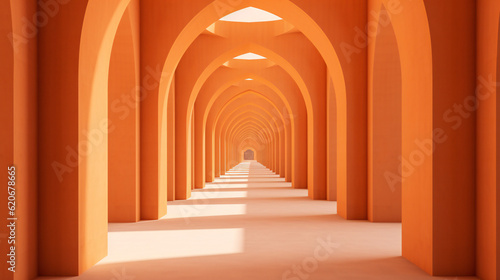 Orange Corridor with Arches, Abstract, shadows, conceptual. modern background