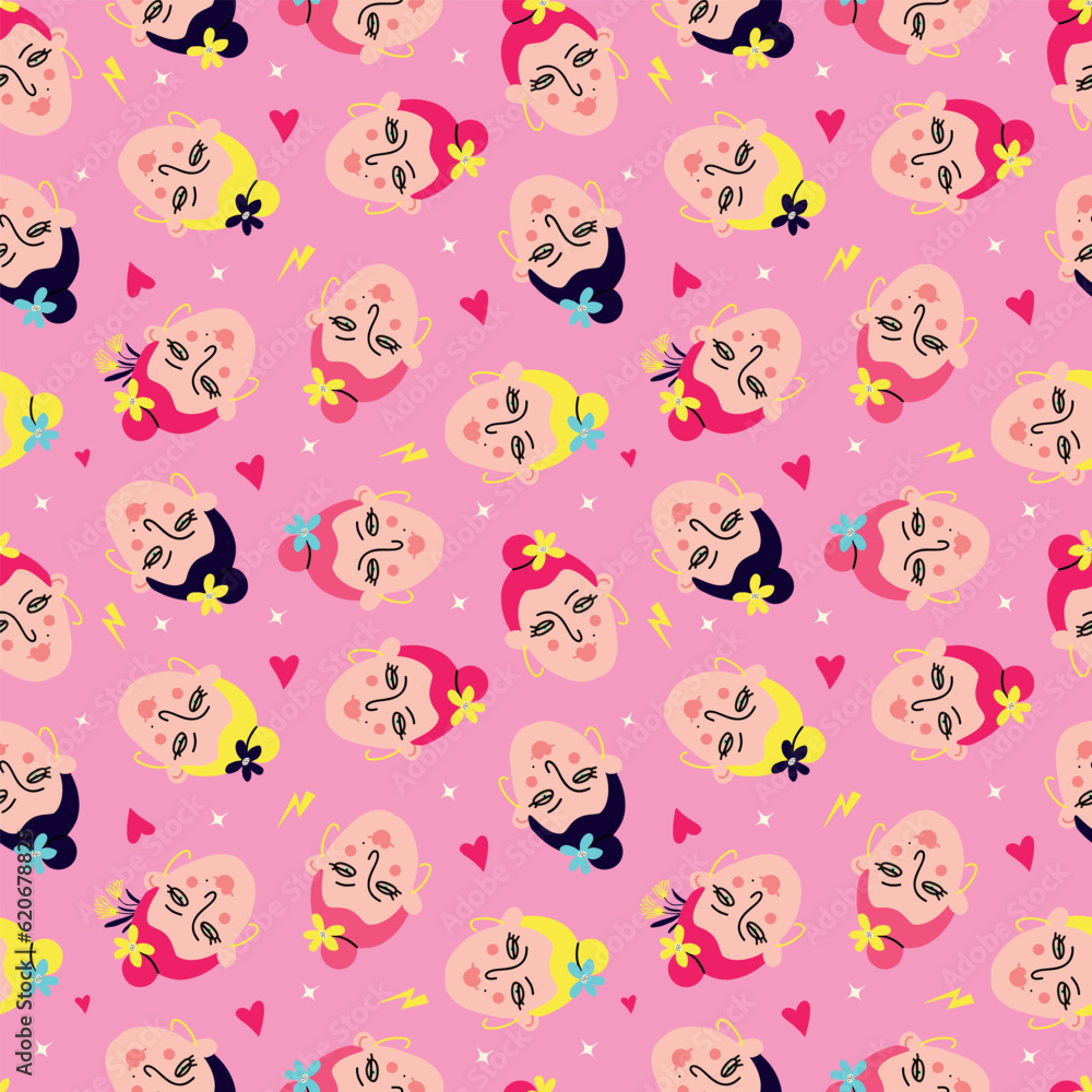 Pink vibrant pattern with comical funny girly faces, Pink vibrant pattern with comical funny girly faces,