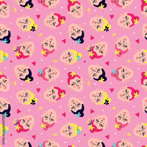 Pink vibrant pattern with comical funny girly faces,