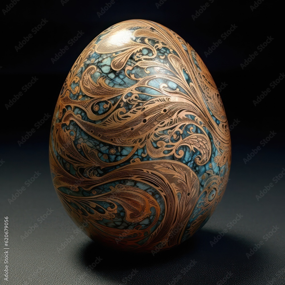 an egg with a pattern applied to it in the style of silk-screen printing on a dark background. Generative AI an egg with a pattern applied to it in the style of silk-screen printing on a dark background. Generative AI