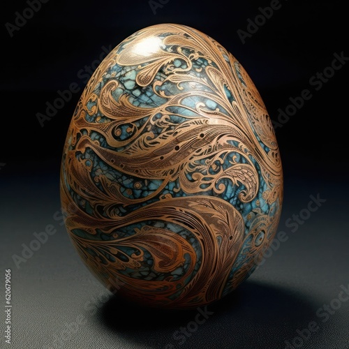 an egg with a pattern applied to it in the style of silk-screen printing on a dark background. Generative AI