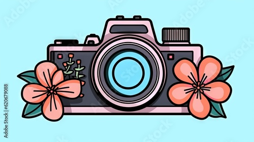  a camera with flowers on the front of it and a blue background with a pink flower on the front of the camera and a blue background with pink flowers. generative ai