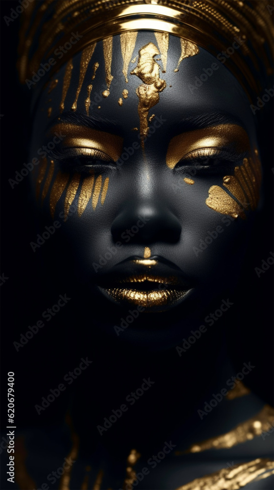 the art of beautifying the body. african american beauty with graphic golden pattern on her face and body. body painting with ethnic motifs and ornament.Banner or poster,Generative AI
