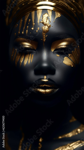 the art of beautifying the body. african american beauty with graphic golden pattern on her face and body. body painting with ethnic motifs and ornament.Banner or poster,Generative AI