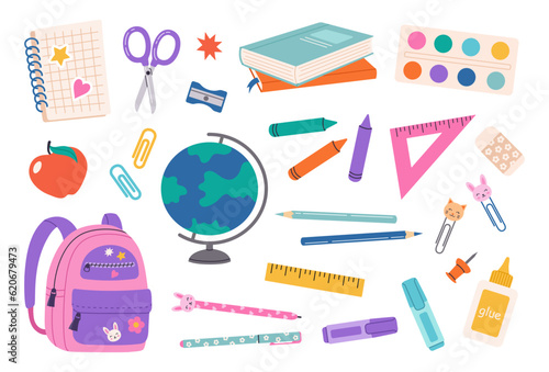 Set of school supplies. Back to school.  Vector hand drawn illustration in a flat cartoon style. Cute school stickers. Various accessories for study, student equipment.