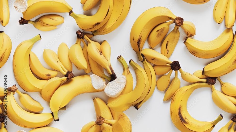 a bunch of bananas with garlic on top of them on a white background with a white background and a white background with a bunch of yellow bananas. generative ai a bunch of bananas with garlic on top of them on a white background with a white background and a white background with a bunch of yellow bananas. generative ai