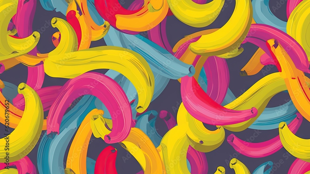  a bunch of bananas that are painted in different shades of yellow, pink, blue, and orange on a purple background with a black background.  generative ai