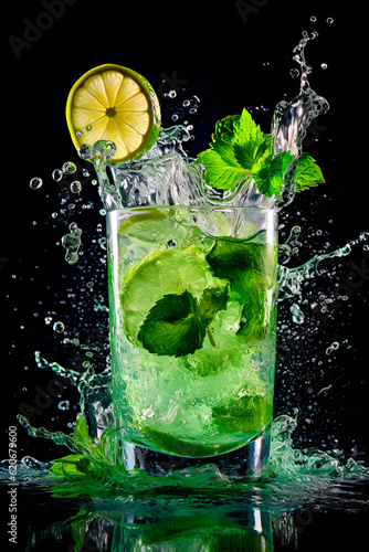 Refreshing summer splash cocktail mojito black background. AI Generative.