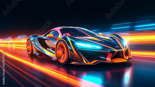 Futuristic Sports Car on Neon Highway. Powerful acceleration of a super car with colorful lights trails. Generative Ai. © Pickoloh