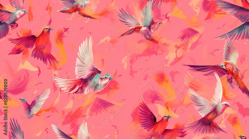 a flock of birds flying through a pink sky with a lot of pink and orange colors on it's wings and a pink background.  generative ai