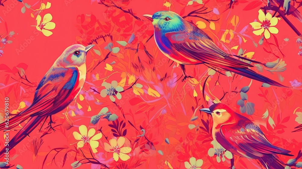  a group of birds sitting on top of a tree filled with leaves and flowers on a red background with yellow and pink flowers and leaves.  generative ai