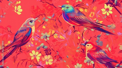  a group of birds sitting on top of a tree filled with leaves and flowers on a red background with yellow and pink flowers and leaves. generative ai