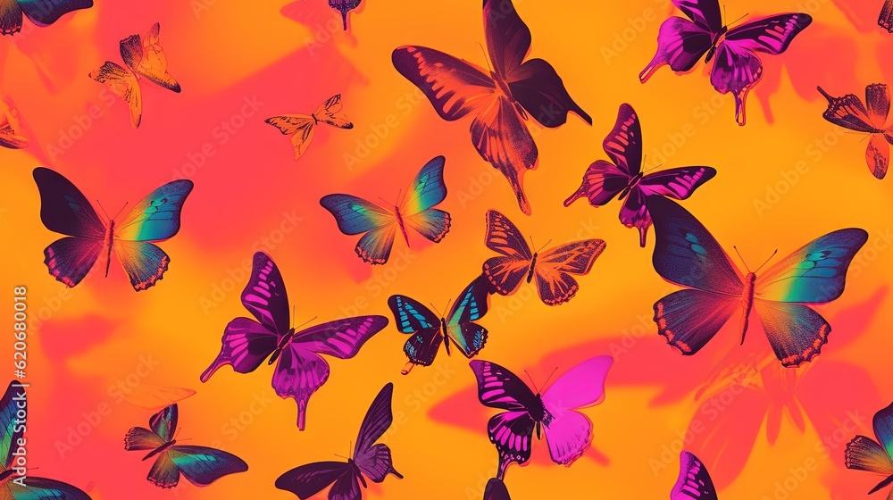 a group of colorful butterflies flying in the air over a yellow background with pink and blue colors on the wings of the butterflies, all of which are. generative ai a group of colorful butterflies flying in the air over a yellow background with pink and blue colors on the wings of the butterflies, all of which are. generative ai