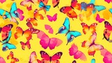  a group of colorful butterflies flying through the air on a yellow background with a blue sky in the background and a red and yellow background.  generative ai