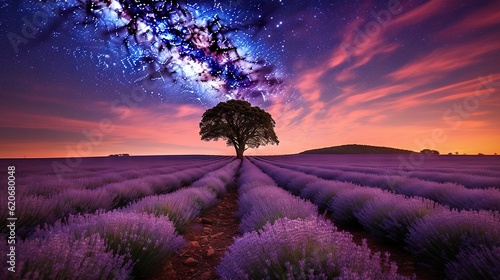  a lone tree in a lavender field under a night sky filled with stars and the milky in the distance, with a purple and blue sky filled with stars. generative ai