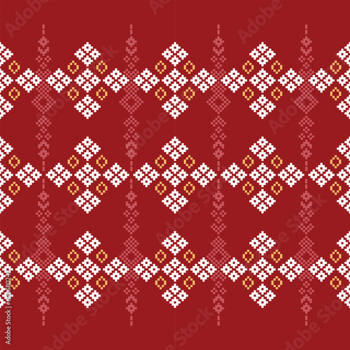 Ethnic geometric fabric pattern Cross Stitch.Ikat embroidery Ethnic oriental Pixel pattern red background. Abstract,vector,illustration. Texture,clothing,frame,decoration,motifs,silk wallpaper.