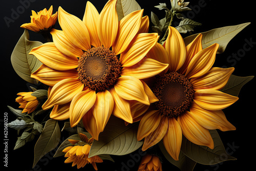 Against a black background, a beautiful and vibrant sunflower blooms, radiating brightness and joy. Generative Ai.