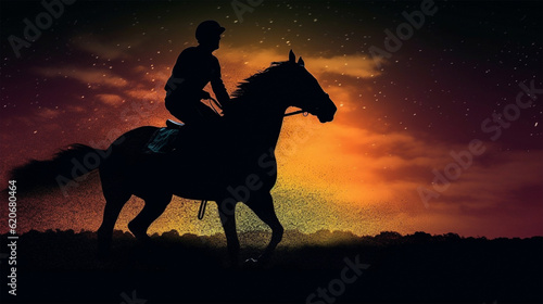 Silhouette of thoroughbred and jockey Horse at night. Generative Ai.