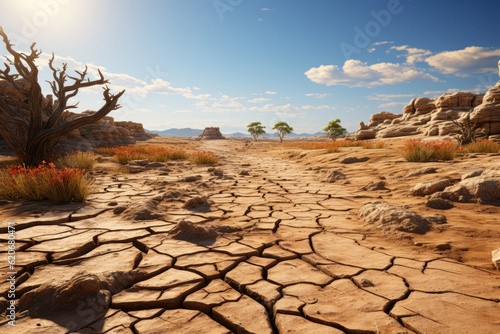 The ground in arid areas reveals a dry and cracked surface, a testament to the harsh conditions and lack of moisture. Generative Ai.
