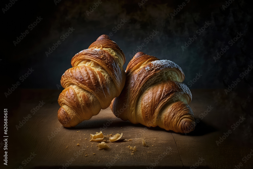 Board with delicious croissants on a dark background, close-up. french pastries.generative AI. 