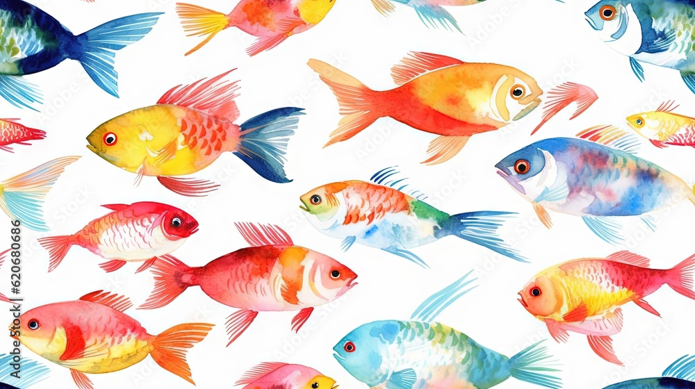 a group of colorful fish on a white background with watercolor paint on it's sides and bottom half of the fish in different colors. generative ai a group of colorful fish on a white background with watercolor paint on it's sides and bottom half of the fish in different colors. generative ai
