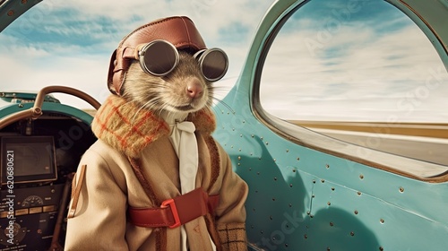  a rat wearing a pilot's outfit and goggles in front of a plane cockpit with a pilot's helmet and goggles on.  generative ai © Shanti