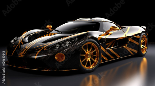  a black and gold colored sports car on a black background with a reflection of the car on the floor and the car is in the middle of the picture.  generative ai © Shanti