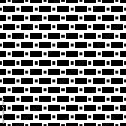 Big and small black quadrangles repetition on white background. Seamless surface pattern design with squares and rectangles ornament. Polygons wallpaper. Dashed and dotted lines motif. Digital paper.